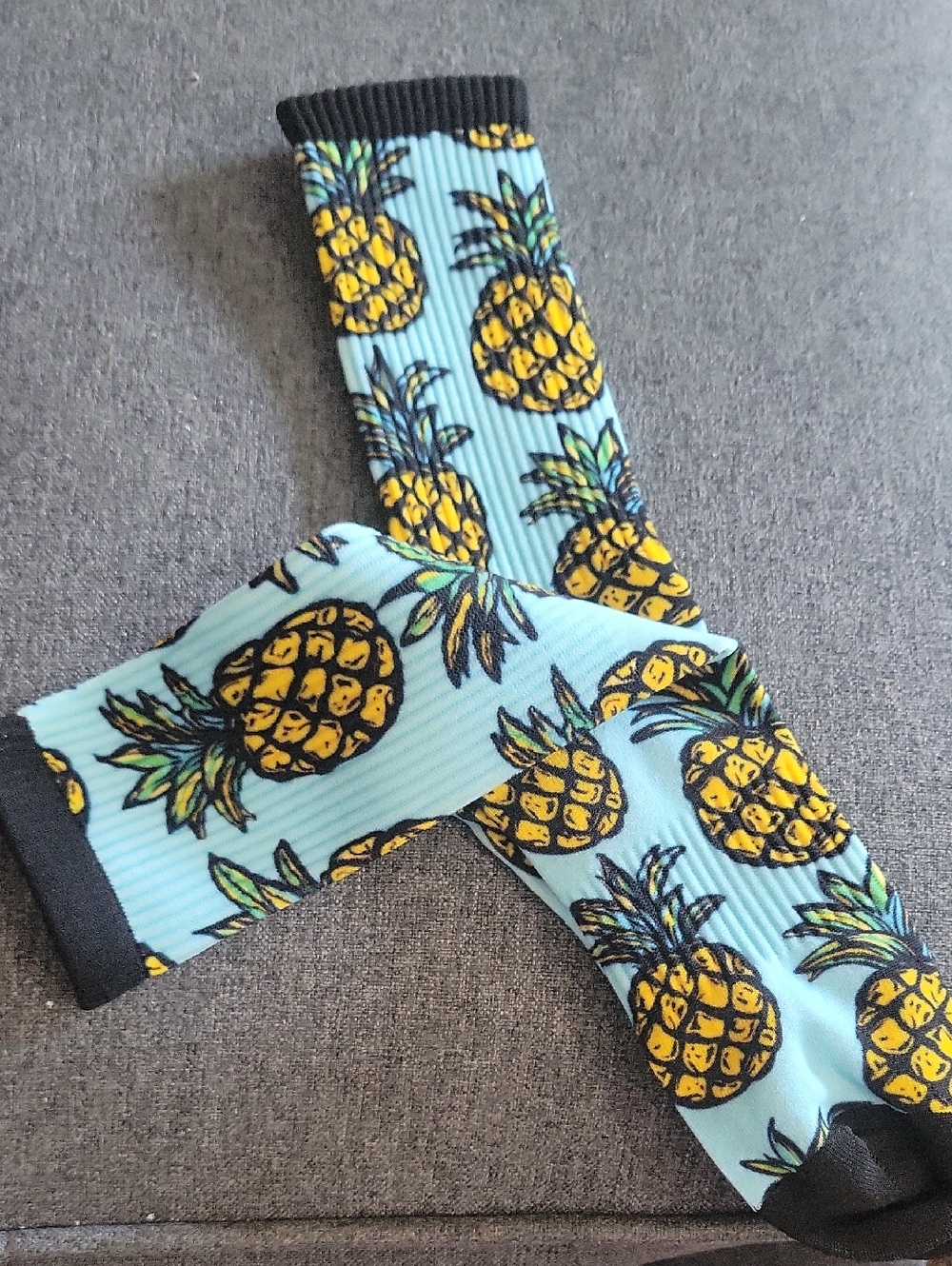 2 Pair Pineapple Print Crew Socks - Light Blue & Yellow - Picture 2 of 3
